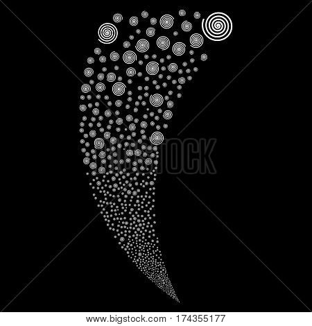 Hypnosis random fireworks stream. Vector illustration style is flat white iconic symbols on a black background. Object fountain done from scattered pictographs.