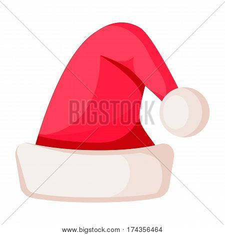 Santa Claus hat isolated on white. Classical winter fur woolen cap. Father Christmas warm red hat with pompom. Flat icon winter holiday snowboarding accessory in cartoon style vector illustration