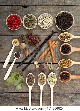 Composition Of Spices On Wooden Background. View Top. Copy Space