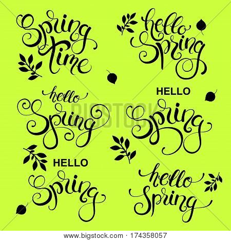 Hello spring and Spring time handwritten calligraphy lettering set isolated on green background. Vector illustration.