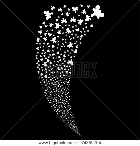 Plugin random fireworks stream. Vector illustration style is flat white iconic symbols on a black background. Object fountain done from scattered pictographs.