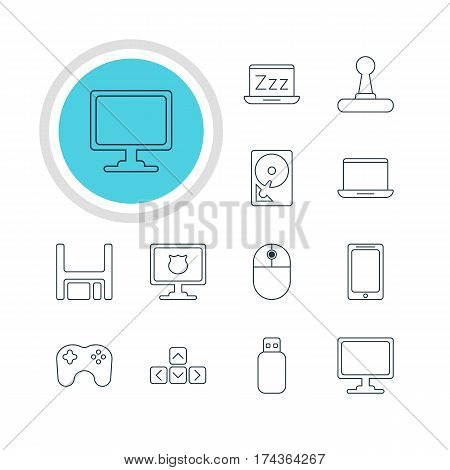 Vector Illustration Of 12 Computer Icons. Editable Pack Of Screen, Smartphone, Keypad And Other Elements.