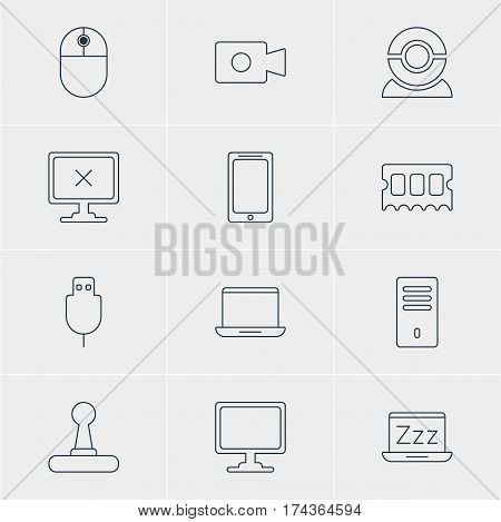 Vector Illustration Of 12 Laptop Icons. Editable Pack Of Web Camera, Screen, Serial Bus And Other Elements.