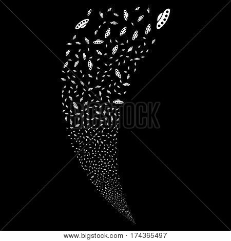 UFO random fireworks stream. Vector illustration style is flat white iconic symbols on a black background. Object fountain combined from scattered design elements.