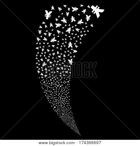 Yen random fireworks stream. Vector illustration style is flat white iconic symbols on a black background. Object fountain organized from scattered symbols.