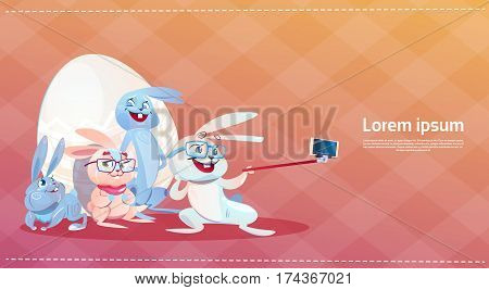 Rabbit Taking Selfie Photo Easter Holiday Bunny Decorated Eggs Greeting Card Flat Vector Illustration