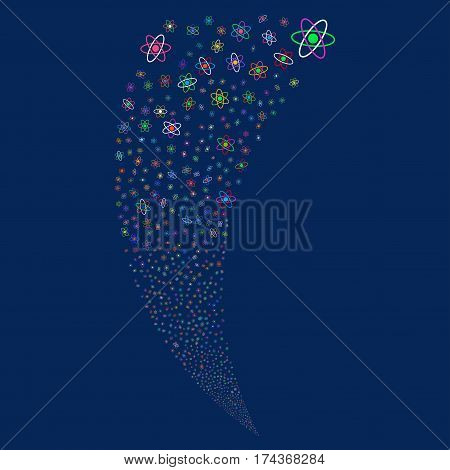 Atom random fireworks stream. Vector illustration style is flat bright multicolored iconic symbols on a blue background. Object fountain combined from scattered pictograms.