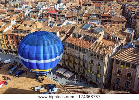 Hot air balloon launch on the main square of the historic Spanish city of Vic. Spain, province Barcelona