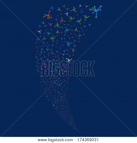 Big Bang random fireworks stream. Vector illustration style is flat bright multicolored iconic symbols on a blue background. Object fountain made from scattered pictograms.