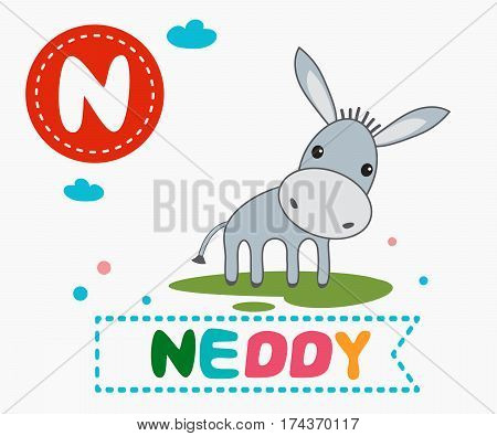 Hand drawn letter N and funny cute neddy. Children's alphabet in cartoon style vector illustration.