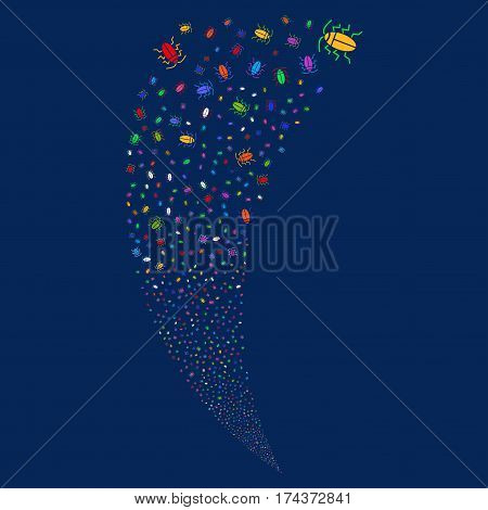 Cucaracha random fireworks stream. Vector illustration style is flat bright multicolored iconic symbols on a blue background. Object fountain organized from scattered icons.