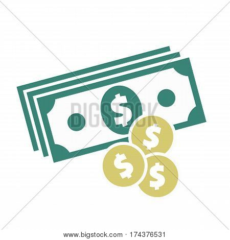 Us Dollar Banknotes Stack And Heap Of Golden Coins. Flat Vector Icon. American Currency Symbol. Usa 