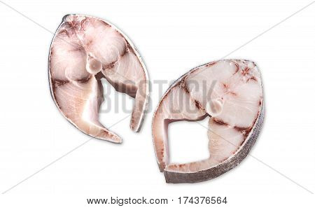 Two steaks of cobia on a white background