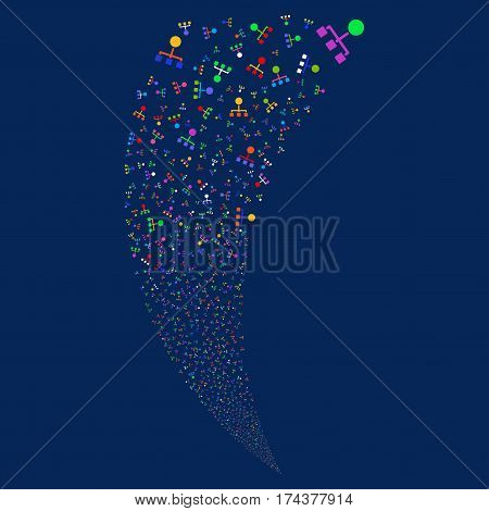 Hierarchy random fireworks stream. Vector illustration style is flat bright multicolored iconic symbols on a blue background. Object fountain constructed from scattered icons.