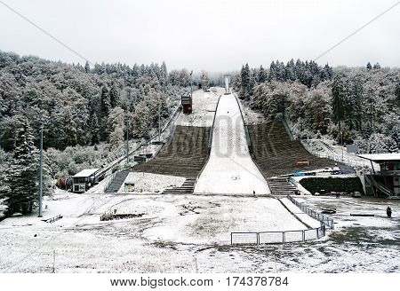 Willingen, Germany - October 14, 2015: Ski jump Muehlenkopfschanze in Willingen (Germany) after the first snow of the winter season 2015/2016.