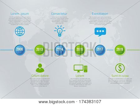 Infographics timeline blue and green colored vector template 5 steps, milestones or options