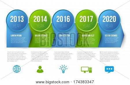 Infographics timeline blue and green colored vector template 5 steps, milestones or options