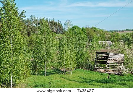 The picturesque hilly outskirts of village in the early spring on a blue sky background