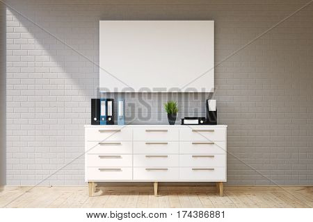 Living Room With Cabinet And Poster