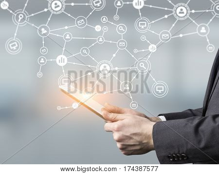 Man Holding Tablet, Shining Network Hologram