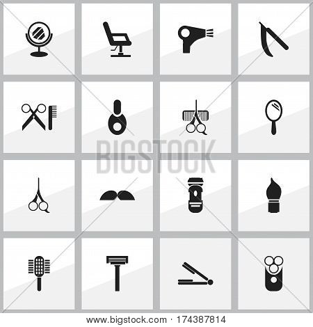 Set Of 16 Editable Tonsorial Artist Icons. Includes Symbols Such As Hairdresser Set, Barber Tools, Vial And More. Can Be Used For Web, Mobile, UI And Infographic Design.