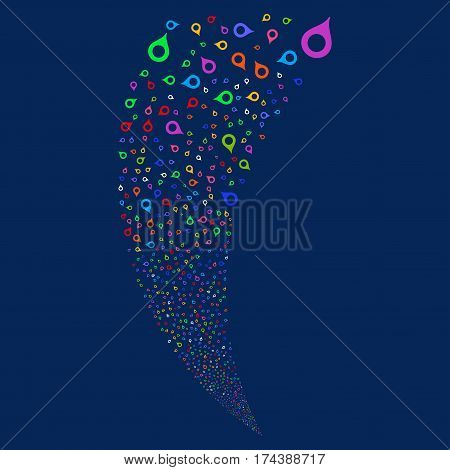 Map Marker random fireworks stream. Vector illustration style is flat bright multicolored iconic symbols on a blue background. Object fountain constructed from scattered pictographs.