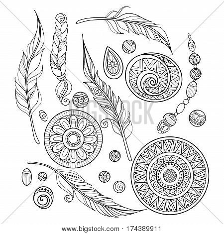 Vector Monochrome Set Of Tribal Decorative Objects