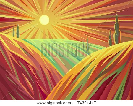 A stylized vector illustration of landscape in the plains at sunset. Implemented in a stylized art which is expressed through a specific lines and color vision.