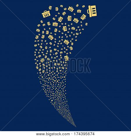 Analysis random fireworks stream. Vector illustration style is flat yellow iconic symbols on a blue background. Object fountain constructed from scattered design elements.