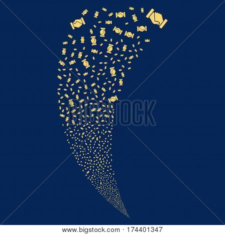 Handshake random fireworks stream. Vector illustration style is flat yellow iconic symbols on a blue background. Object fountain created from scattered pictograms.