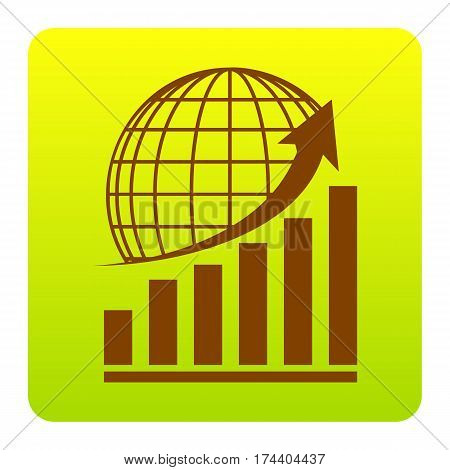 Growing graph with earth. Vector. Brown icon at green-yellow gradient square with rounded corners on white background. Isolated.
