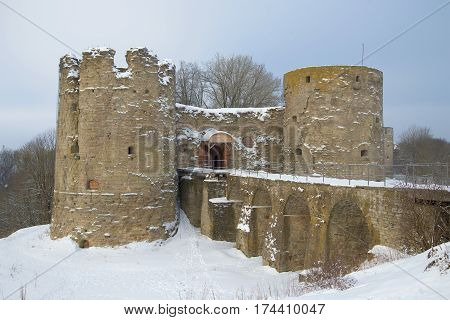 Medieval fortress of Koporye close up in the cloudy February afternoon. Leningrad region, Russia