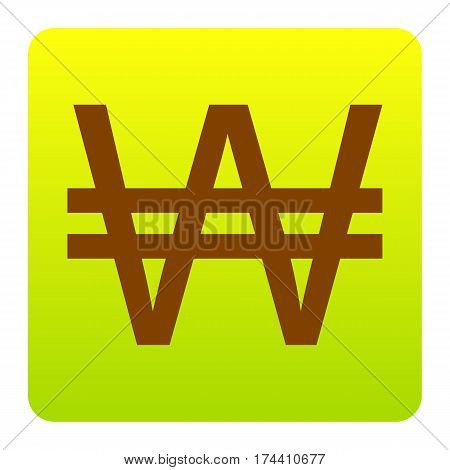 Won sign. Vector. Brown icon at green-yellow gradient square with rounded corners on white background. Isolated.