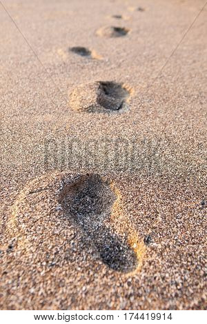 Footprints in the sand at sunset stretching into the distance on the beach