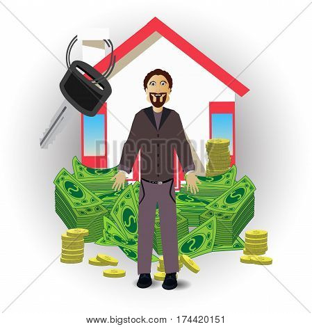 A Man With A House And A Pack Of Money On White