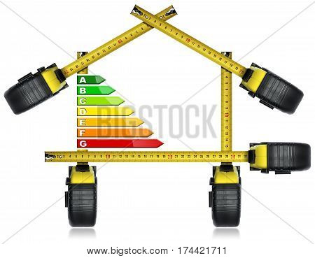 Energy Efficiency - Tape measures in the shape of house with energy efficiency rating. Isolated on white background