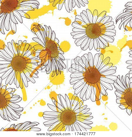 Vector Seamless Pattern With Beautiful Chamomile Flower And Watercolor Stains. Hand Drawn Sketch Flo