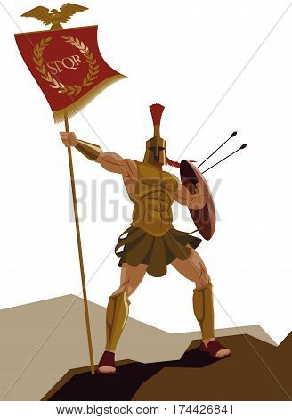 Spartan warrior with armor and with the flag holding a sword. Vector illustration