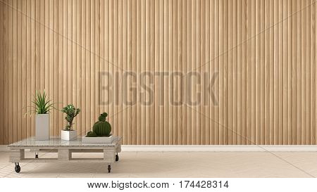Empty Room With Diy Pallet Table And Succulent Potted Plants On Herringbone Parquet, Wooden Wall, Ba