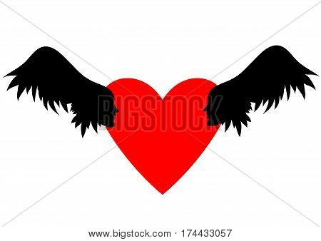 Winged hearts with wings, sky clouds. Valentines Day vector illustration. Wings with human faces in profile.