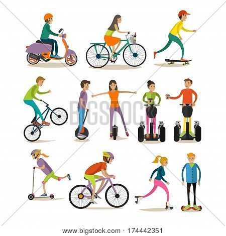 Vector set of characters, sport and modern street transport icons isolated on white background. Means of transport concept design elements in flat style.