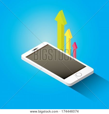 Vector isometric Smartphone with graph and charts on screen isolated on blue background. Mobile analytics or big data concept icon. Mobile infographic design template.