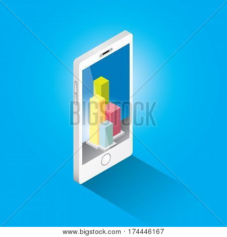 Vector isometric Smartphone with graph and charts on screen isolated on blue background. Mobile analytics or big data concept icon. Mobile infographic design template.