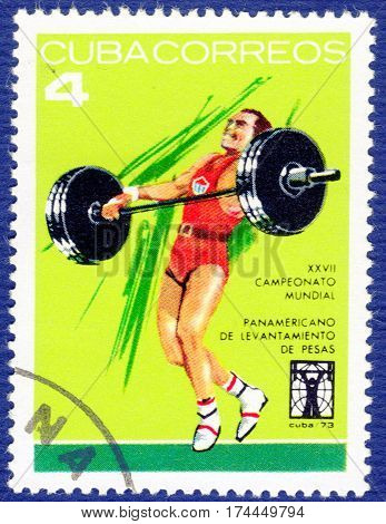 CUBA - CIRCA 1973: Postage stamp printed in Cuba  with a picture of a weightlifting, from the series "Championships World in weightlifting 1973 in Havana ". circa 1973
