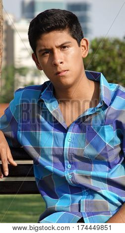 Serious Teen Boy Urban Park Sitting Relaxed