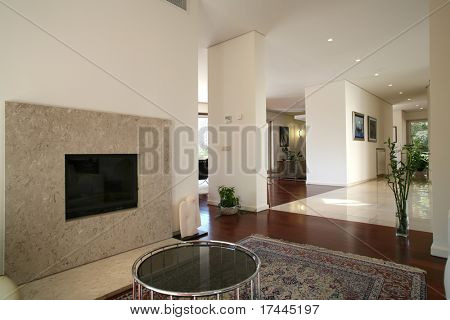 interior of a room with fireplace