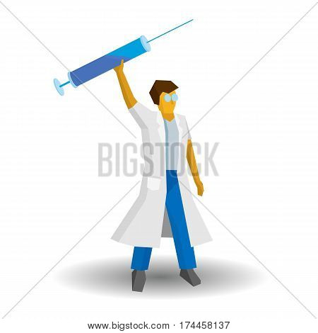 Doctor Standing With A Large Syringe In His Raised Hand. Medicine Concept