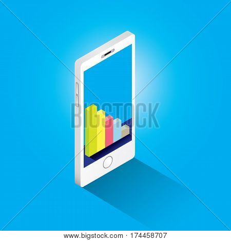 Vector isometric Smartphone with graph and charts on screen isolated on blue background. Mobile analytics or big data concept icon. Mobile infographic design template.
