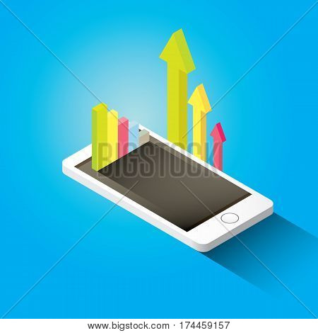 Vector isometric Smartphone with graph and charts on screen isolated on blue background. Mobile analytics or big data concept icon. Mobile infographic design template.