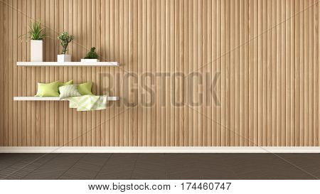 Empty Room, Shelves With Pillows And Succulent Potted Plants, Herringbone Parquet And Wooden Wall, B